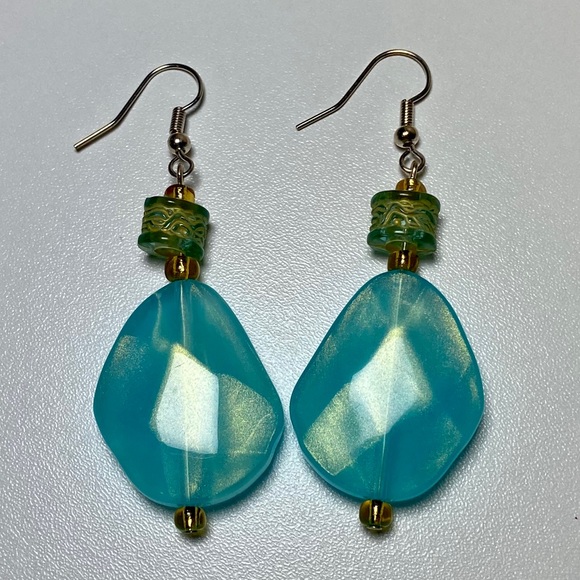 Handmade Earrings - Blue and Gold Beaded Dangle - Picture 6 of 7